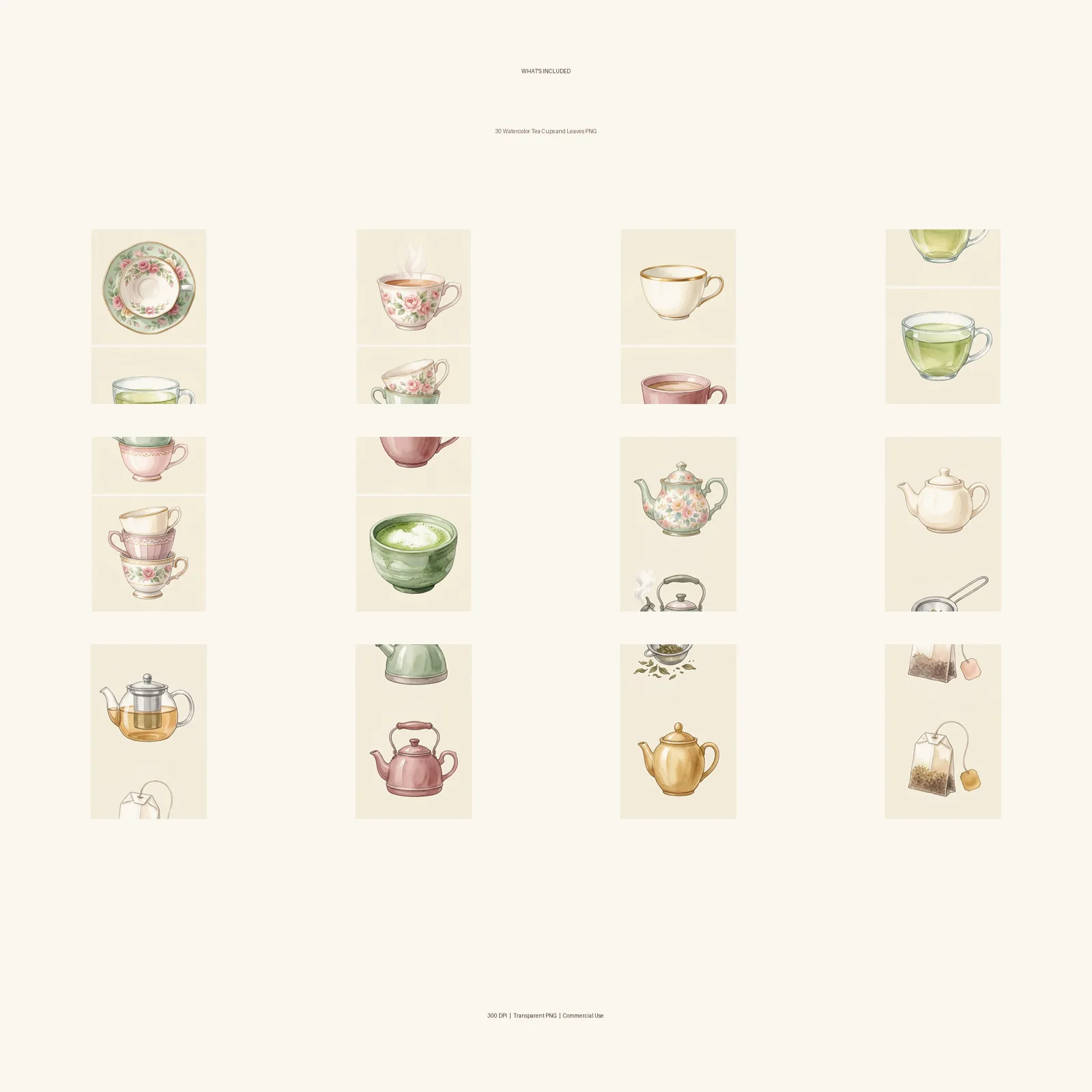 Watercolor Tea Cups and Leaves Clipart, 30 PNG, Transparent Background, Commercial Use, Digital Download