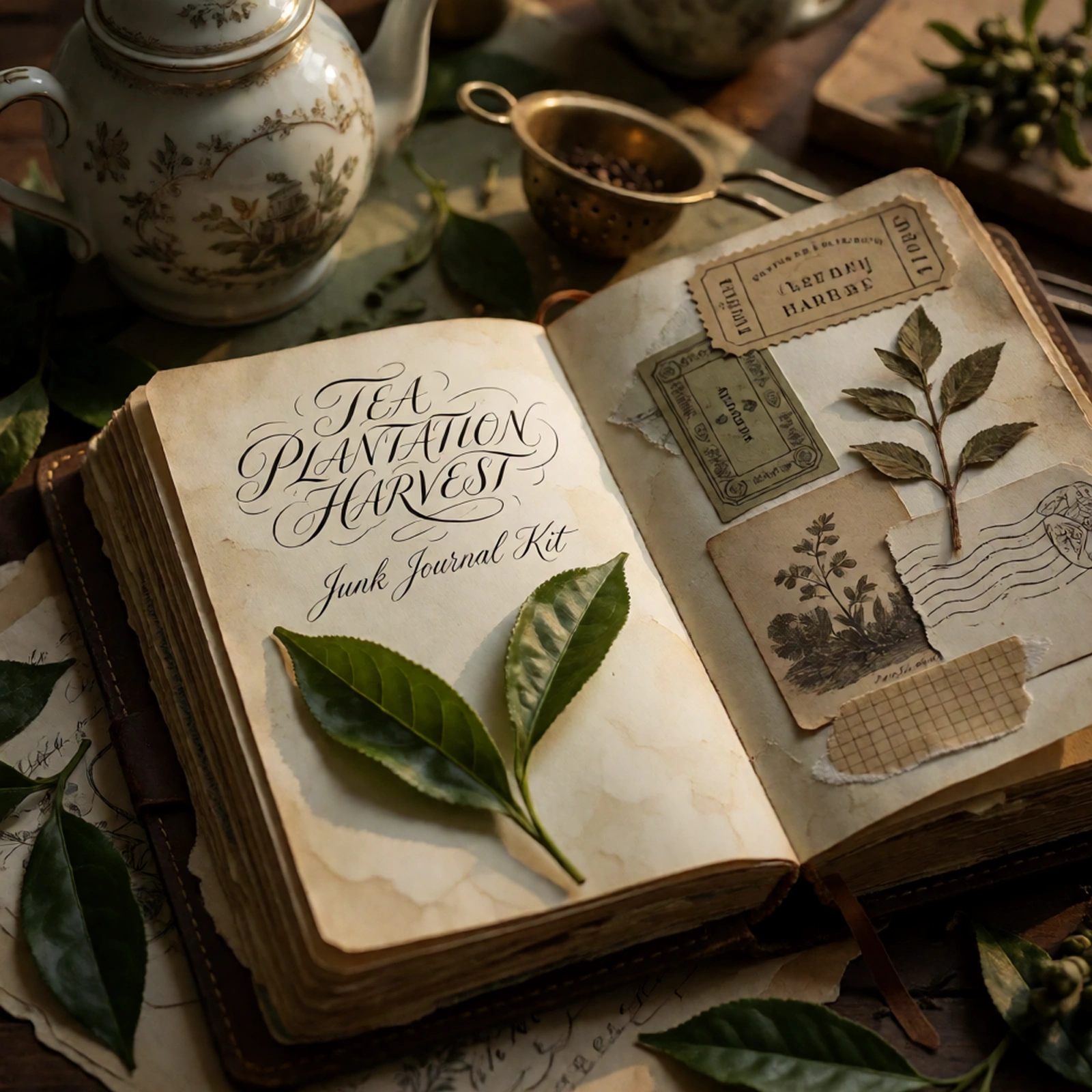 Tea Plantation Harvest Junk Journal Kit | Cultivation & Ceremony Ephemera Papers | Printable Cut-Outs | Digital Download