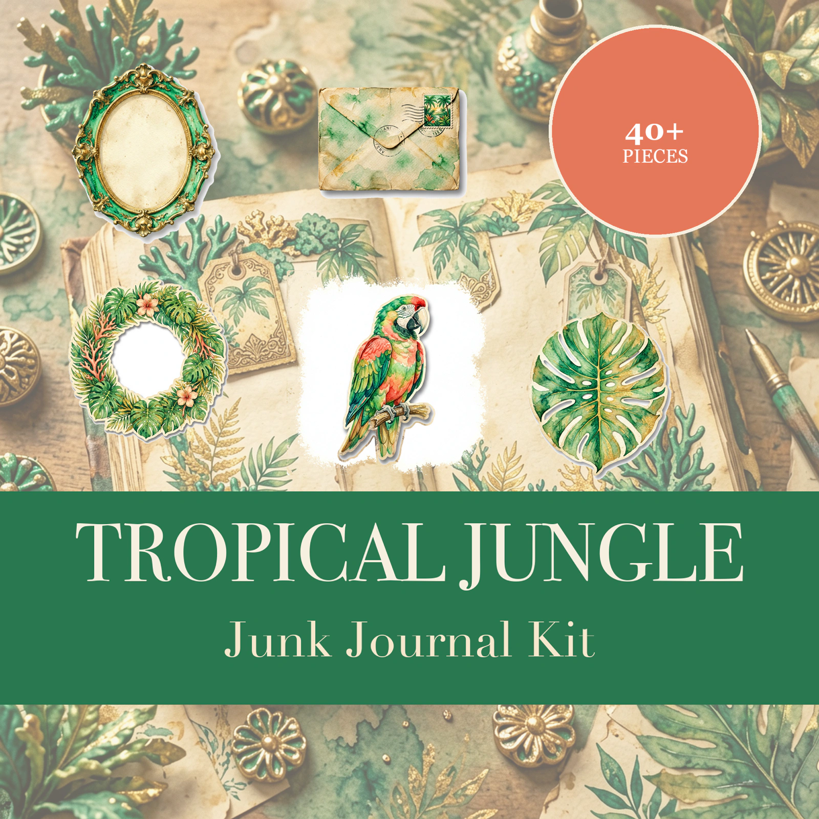 Kit Junk Journal Jungle Tropicale | Papiers Éphémères Perroquets & Palmiers | Découpes à Imprimer | Téléchargement Numérique