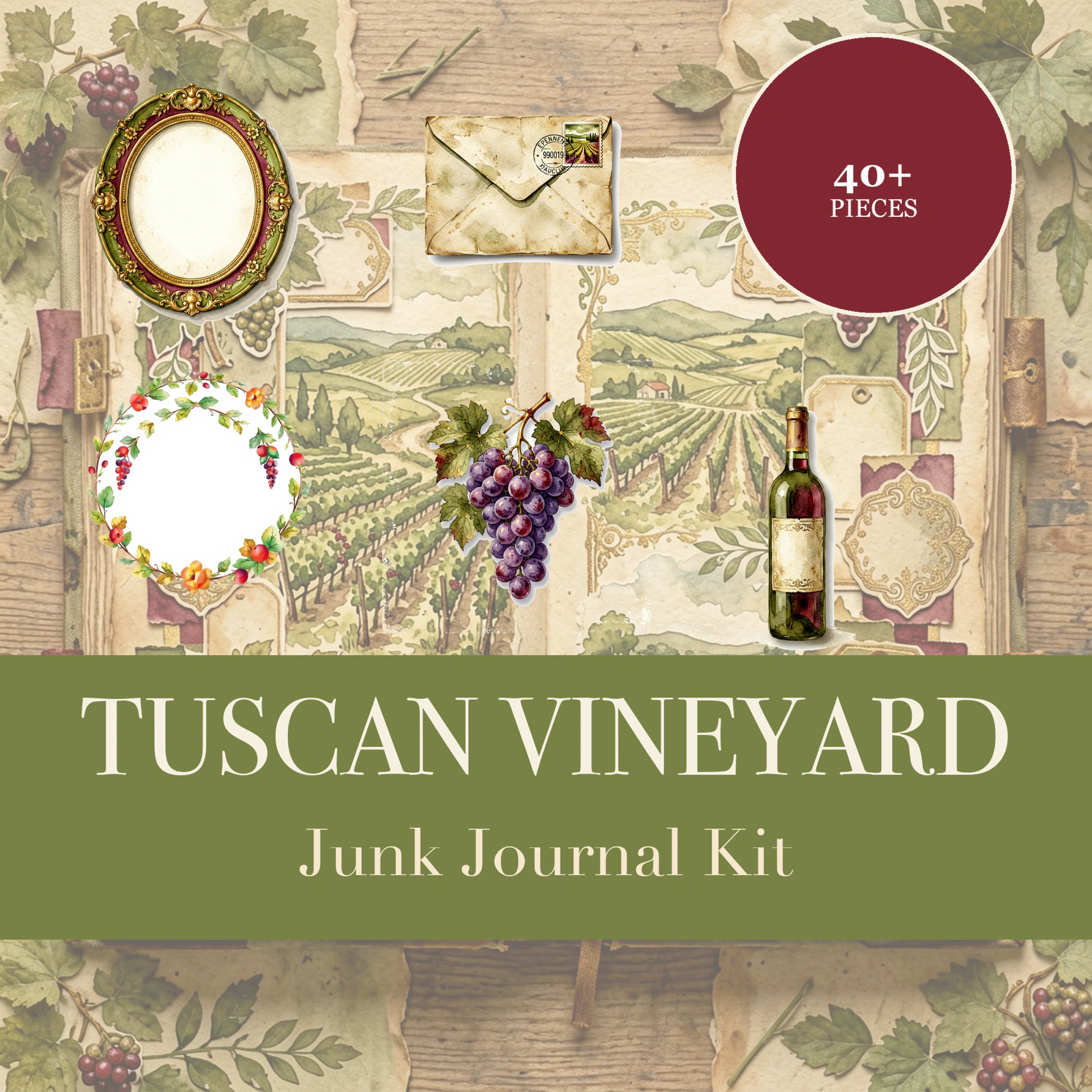 Toskanischer Weinberg Junk Journal Kit | Wein- & Oliven-Ephemera-Papiere | Druckbare Ausschneidebögen | Digitaler Download