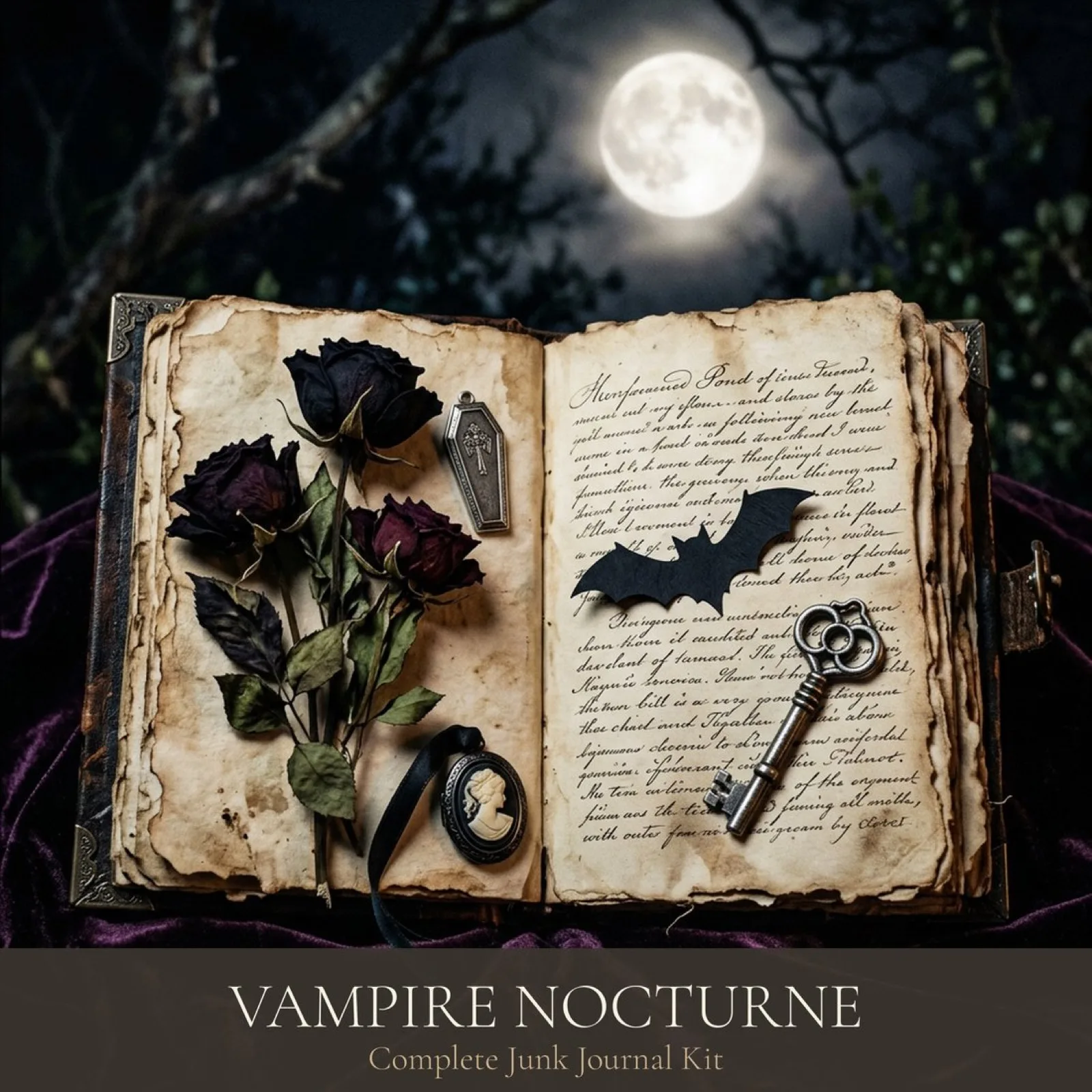 Kit Junk Journal Nocturne du Vampire | Éphémères Gothiques et Planches à Imprimer | Téléchargement Numérique