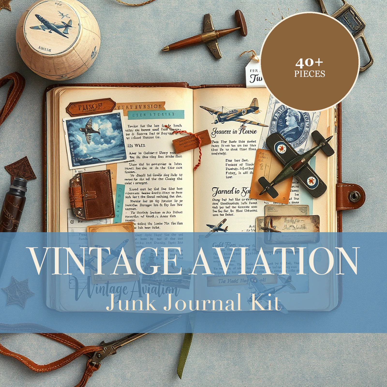 Vintage Luftfahrt Junk-Journal-Kit | Doppeldecker & Himmel Ephemera-Papiere | Ausdruckbare Ausschneidebögen | Digitaler Download