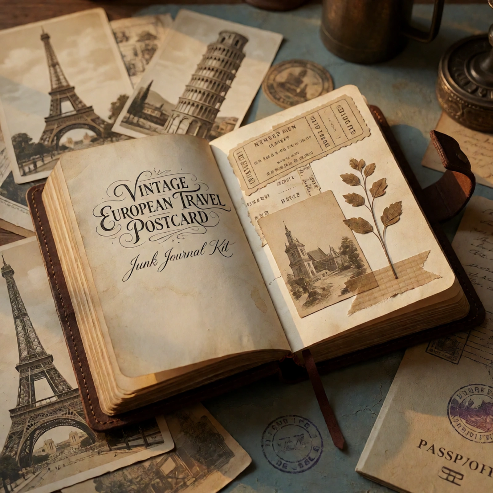 Vintage European Travel Postcard Junk Journal Kit | Landmark & Passport Ephemera Papers | Printable Cut-Outs | Digital Download