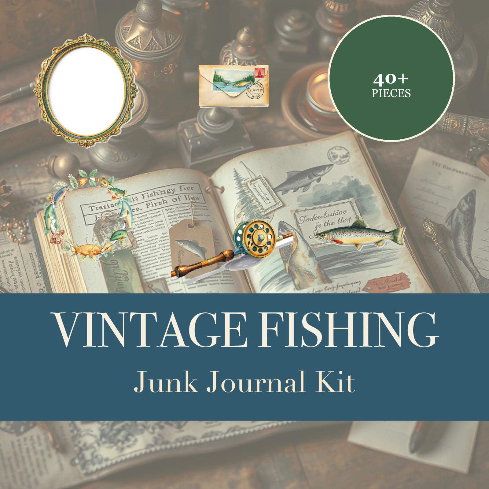 Kit de Junk Journal Pesca Vintage | Efímera de Cabaña Junto al Lago y Pescador | Recortables Imprimibles | Descarga Digital