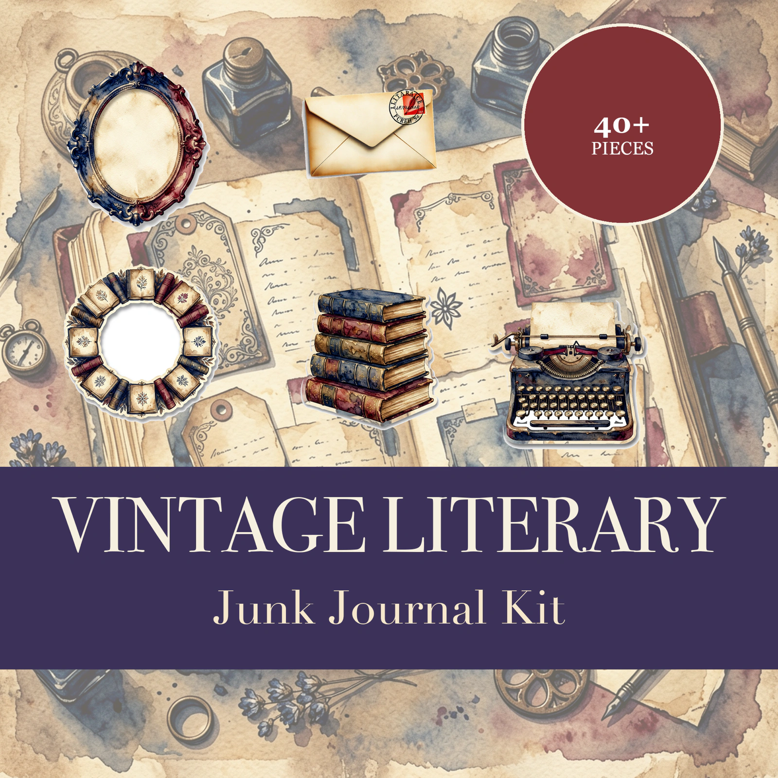 Vintage Literary Junk Journal Kit | Book & Typewriter Ephemera | Printable Cut-Outs | Digital Download
