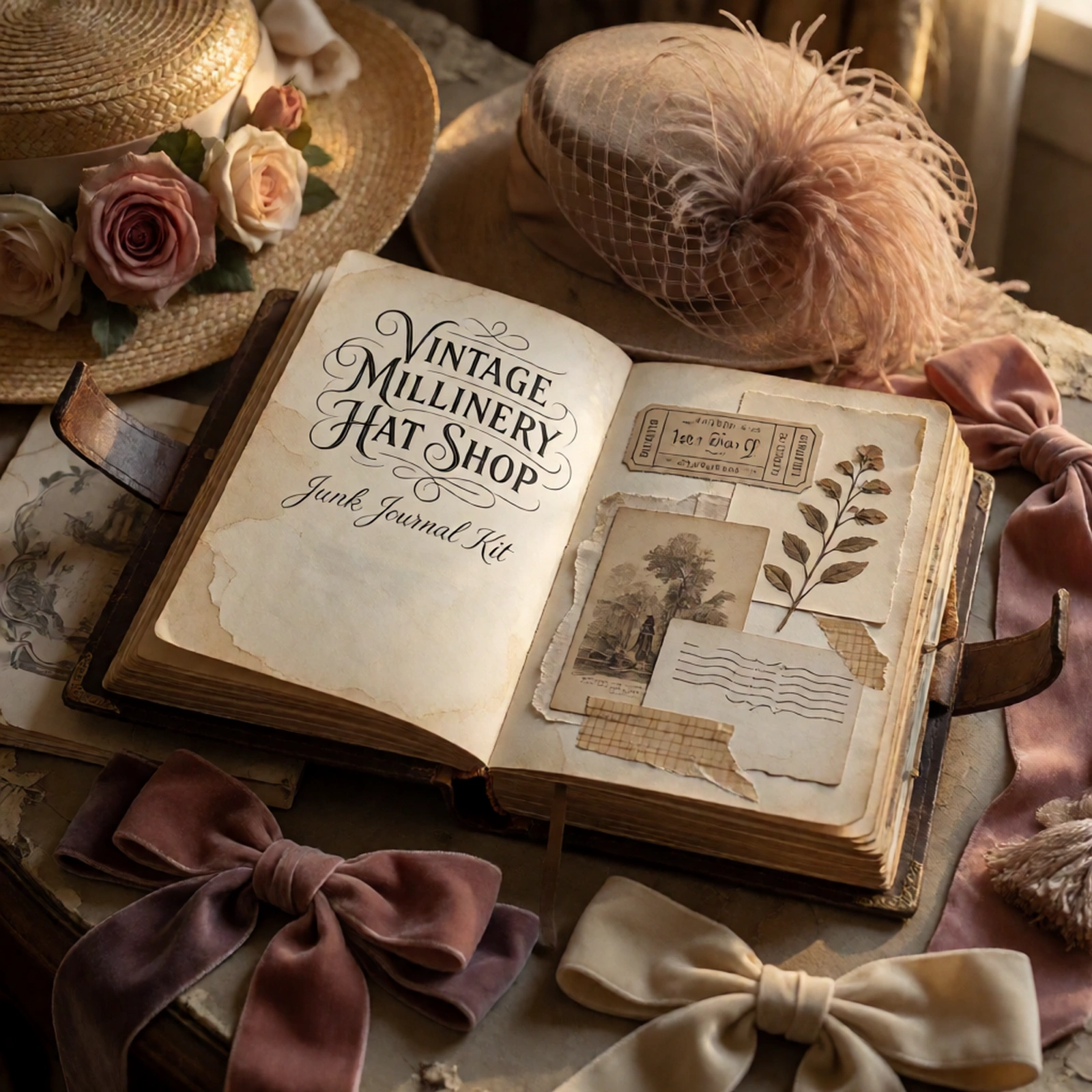 Vintage Millinery Hat Shop Junk Journal Kit | Ribbon & Feather Fashion Ephemera Papers | Printable Cut-Outs | Digital Download