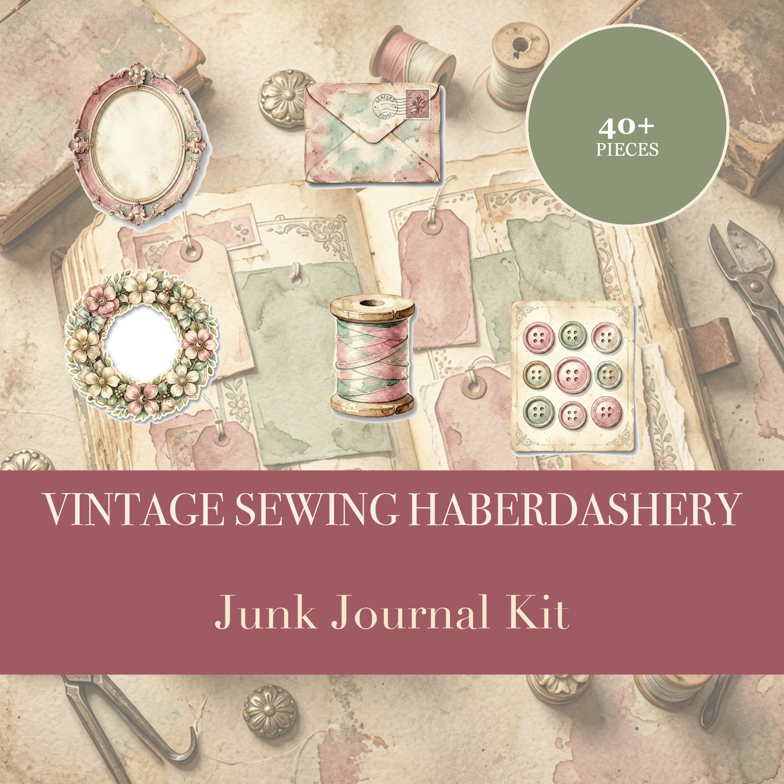 Kit Junk Journal Mercerie de Couture Vintage | Éphémères de Mercerie et Textile | Découpes Imprimables | Téléchargement Numérique