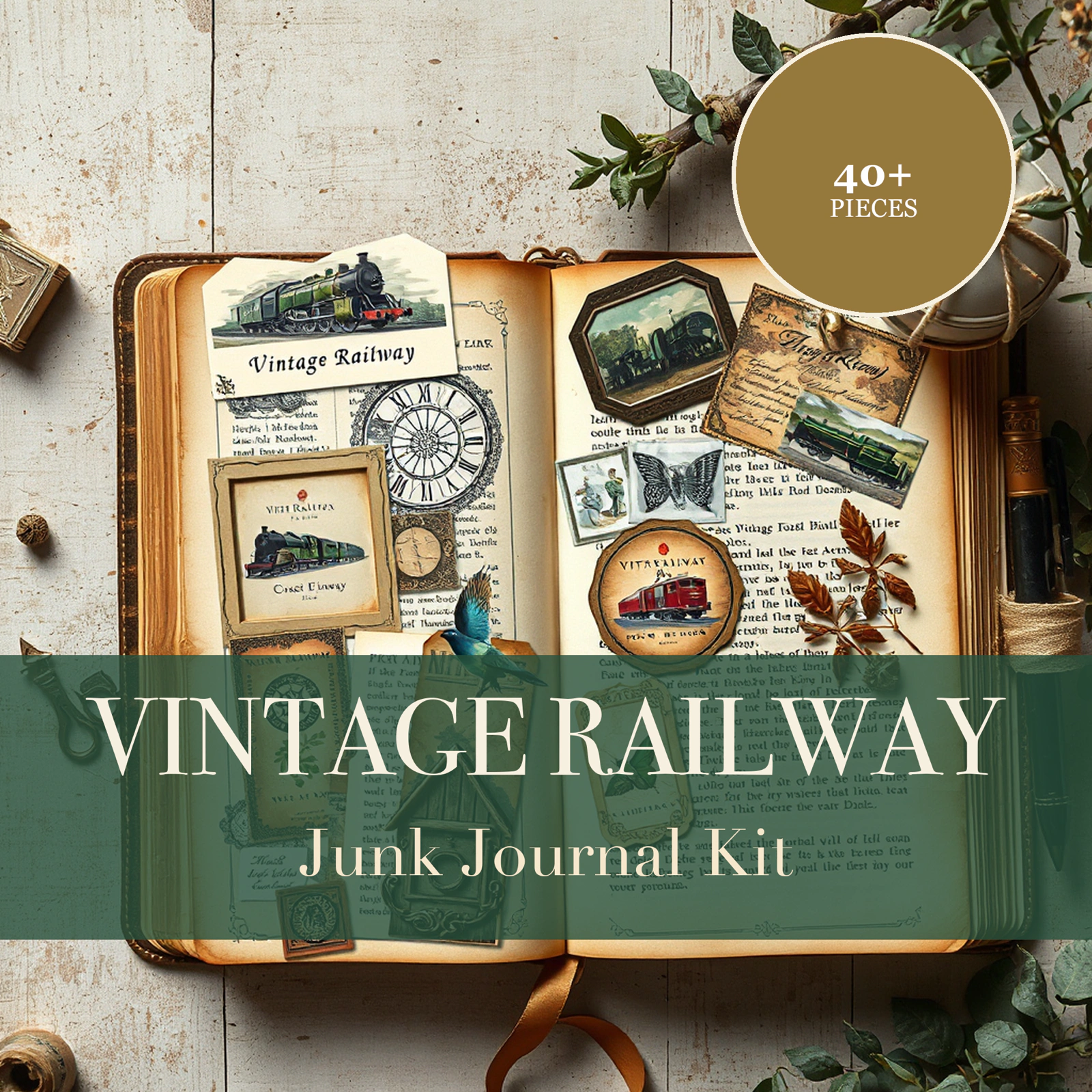 Vintage-Eisenbahn Junk-Journal-Kit | Dampfzug- & Reise-Ephemera-Papiere | Druckbare Ausschneidemotive | Digitaler Download