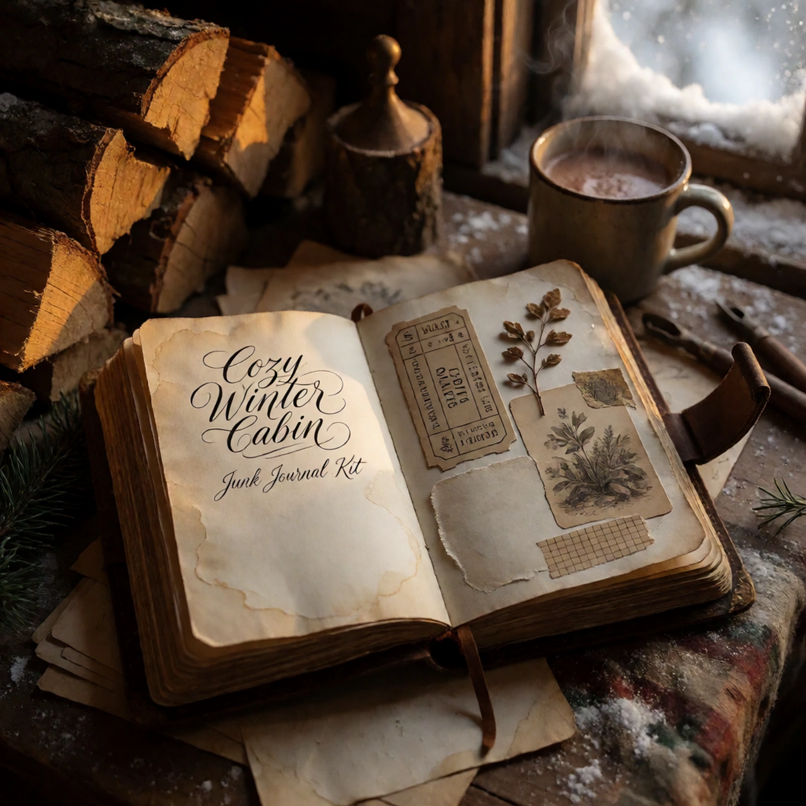 Cozy Winter Cabin Junk Journal Kit | Snowfall & Firewood Ephemera Papers | Printable Cut-Outs | Digital Download